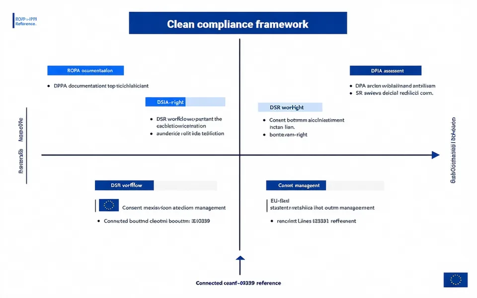 GDPR compliance framework diagram showing ROPA, DPIA, DSR, and consent management components